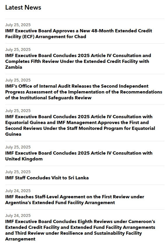 fns_francis's tweet image. The IMF just turned on July 25 like a light switch.
7+ countries.
Multiple Article IV Consultations.
There are new credit facilities available.
Progress assessments.
Debt reviews.
Safeguards updates.
🇿🇲 Zambia 🇹🇩 Chad 🇬🇶 Equatorial Guinea 🇬🇧 UK 🇱🇰 Sri Lanka 🇦🇷 Argentina 🇨🇲…