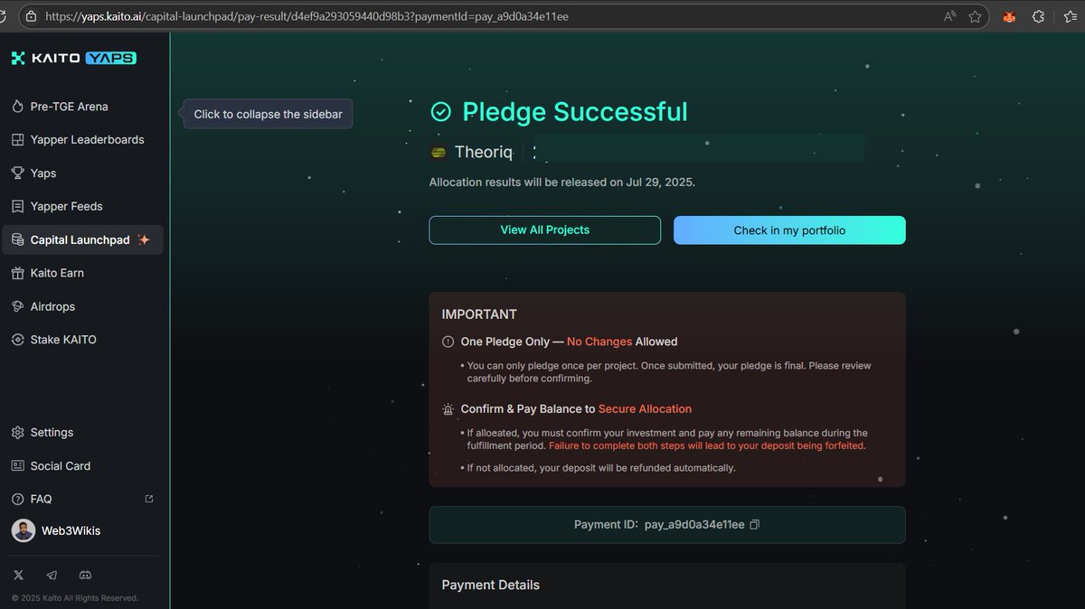web3wikis's tweet image. So, Theoriq Kaito Capital Launchpad Pledge done...
...and you really need to know the details:
Say you are pledging 5k, the actual pledge deposit will be 2k only.
This means that if you are approved for 5k eventually and you don't pay up the 5k during the fulfillment phase,…
