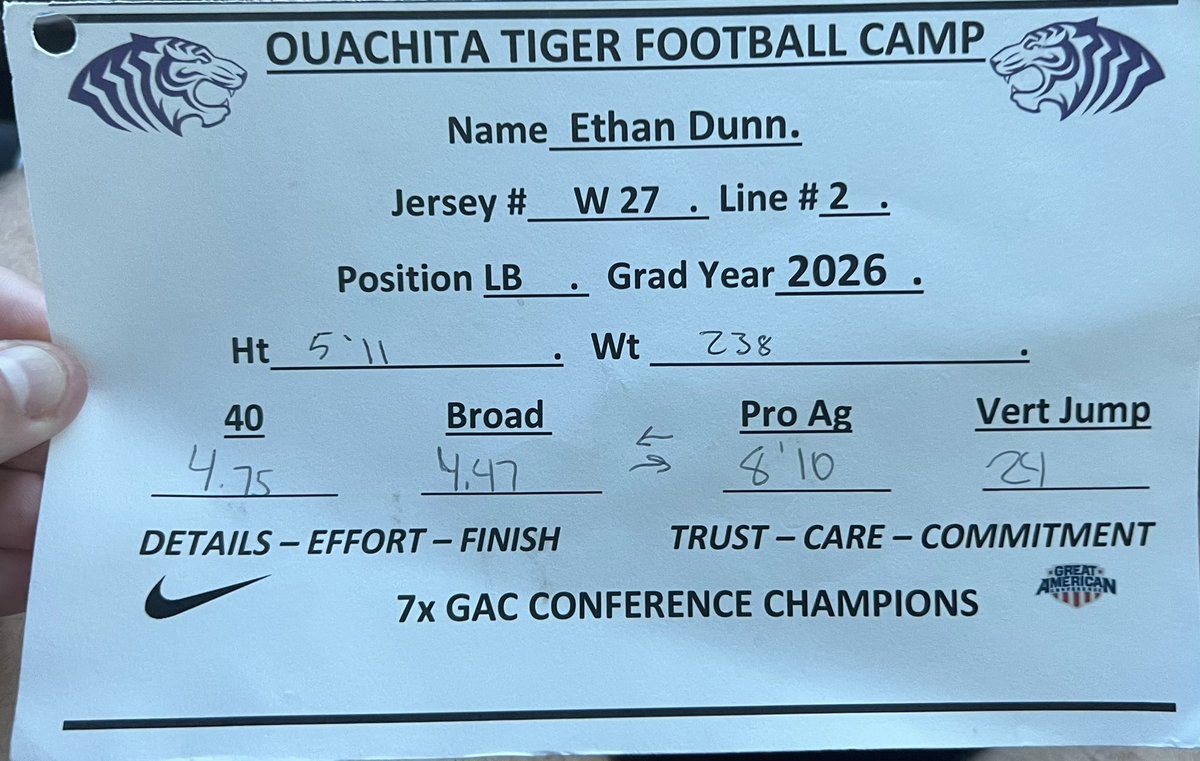 EthanDunn34's tweet image. Had a great experience in Arkadelphia at the @OuachitaFB camp! Stoked to have been able to meet @CoachCarsonFB and @CoachShock_OBU in person! Also now pumped to be officially 4.7 speed!!