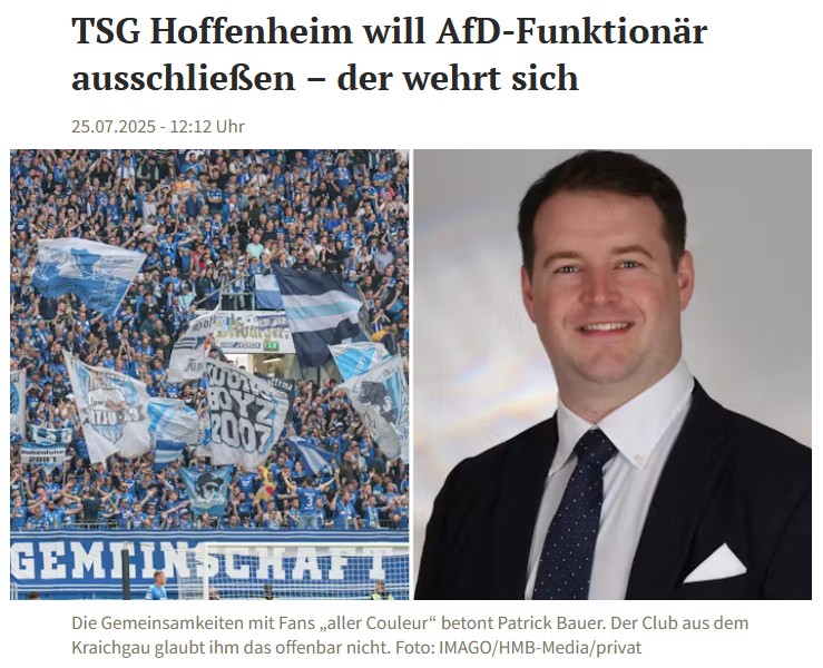 PeterBorbe's tweet image. Aus dem Fußballverein geworfen werden, weil man das falsche Parteibuch hat? Beim Bundesligisten TSG #Hoffenheim plant man es so. Patrick Andreas Bauer ist Mitglied in der TSG, sitzt sogar im Hoffenheimer Mitgliederrat. Und er ist Landtagskandidat für die AfD. Deswegen will der…