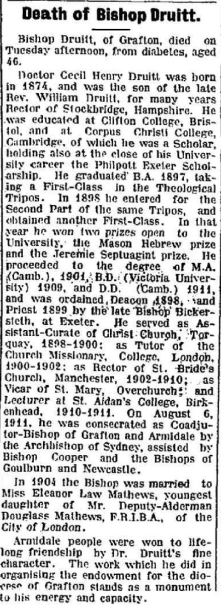 AustAnglican's tweet photo. 26 July 1921: death of the Rt Revd Cecil Henry Druitt, aged 45. Consecrated Assistant Bishop in Grafton and Armidale 1911, then installed as first Bishop of Grafton 1914. #anglican @GraftonDiocese @BishopDruitt #104years https://t.co/kmCCOrf5aY https://t.co/rCBQ8RG4mF