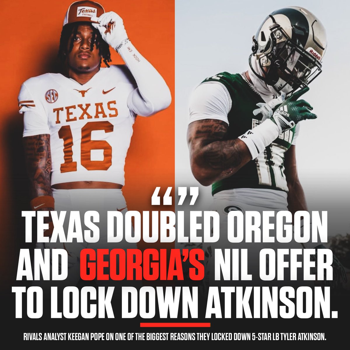 DawggRecruiting's tweet image. Texas offered double the NIL money than #Georgia and Oregon to lock down 5-star LB Tyler Atkinson, per Keegan Pope. 😳

Atkinson’s recruitment ultimately came down to Georgia and Texas in the end.