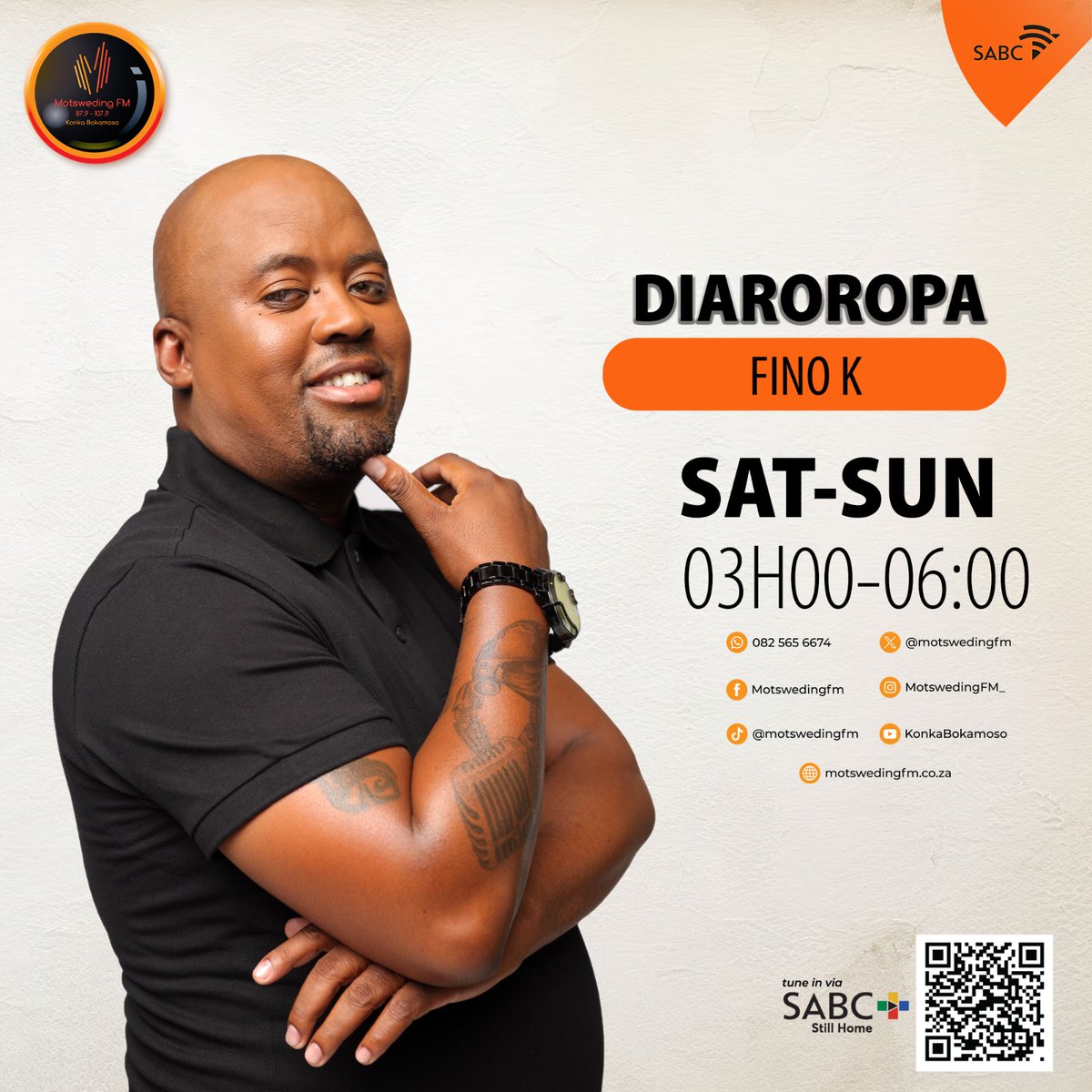 motswedingfm's tweet image. #Diaroropa le DJ Fino K
☎️: 082 565 6674
🖥️: motswedingfm.co.za
SABC +: sabcplus.com
#MotswedingFM