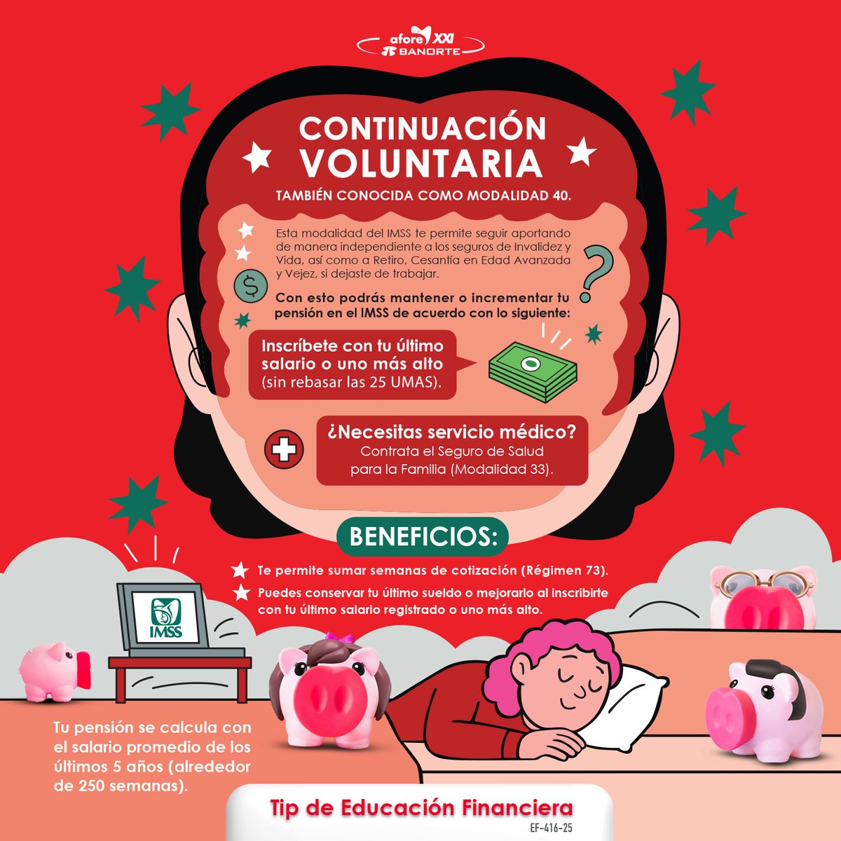 XXIBanorte's tweet photo. 📘 ¿Qué es la Modalidad 40?
Te permite seguir aportando de manera independiente a los seguros de Invalidez y Vida, así como a Retiro, Cesantía en Edad Avanzada y Vejez, si has dejado de trabajar.

🔗 Conoce más: https://t.co/pwc4fdojJY

 #CuentaIndividual #EducacionFinanciera https://t.co/d16L1uDJPJ