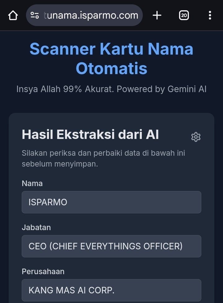 Pak <a href="/onnowpurbo/">Onno W. Purbo</a> saya ada aplikasi Scanner Kartu Nama Otamatis yang bisa nyimpen data-data langsung ke Google Sheet. Insya Allah 99% akurat. Semoga bermanfaat. Free>> scannerkartunama.isparmo.com
