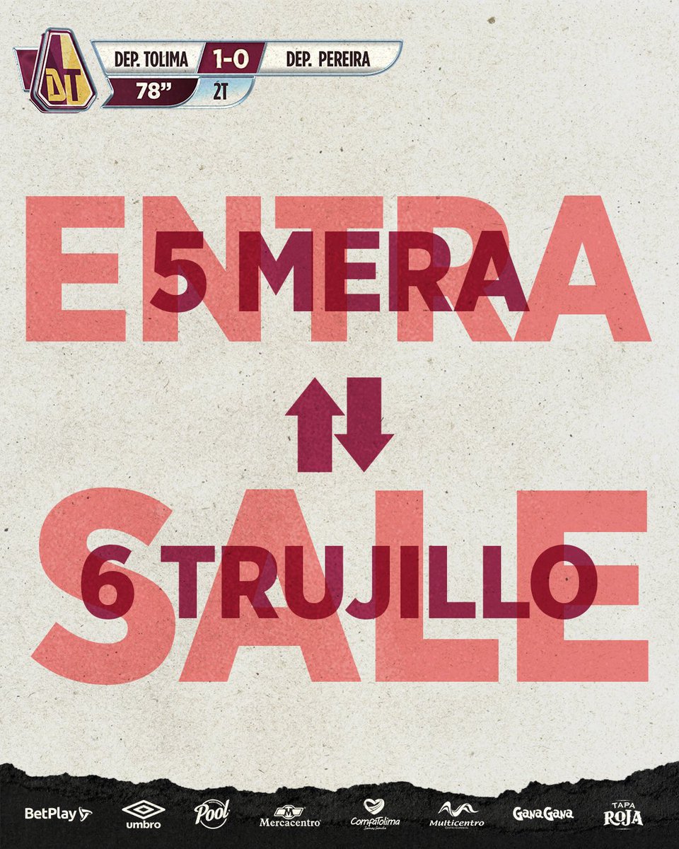 cdtolima's tweet image. 78’ ⏱️ Cambio en el PIJAO.
Entra Juan José Mera, sale Cristian Trujillo.
| Deportes Tolima 1-0 Deportivo Pereira |
