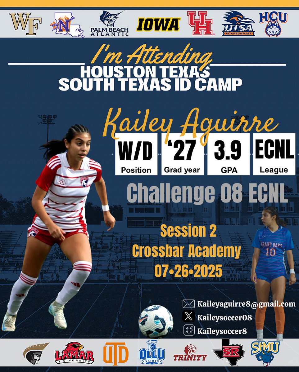 Excited to be attending the South Texas <a href="/CollegeSoccerID/">College Soccer ID</a> camp tomorrow! Coaches, I’ll be at session 2! 
<a href="/HCUWSoccer/">HCU Women's Soccer</a> <a href="/coach_whiting/">Nick Whiting</a> <a href="/UHCougarSoccer/">Houston Soccer</a> <a href="/IzzieVaccari/">Izzie Vaccari</a> <a href="/UTSAWSOC/">UTSA Soccer</a> <a href="/CoachDPittman/">Derek Pittman</a> <a href="/SRSUSoccer/">Sul Ross Soccer</a> <a href="/TSU_WSoccer/">TSU Women's Soccer</a> <a href="/HawkeyeSoccer/">Hawkeye Soccer</a> <a href="/StMUwsoccer/">St. Mary's Women's Soccer</a> <a href="/LamarWSoccer/">Lamar Soccer</a> <a href="/ImYouthSoccer/">ECNL/GA/Recruiting/College Soccer</a>