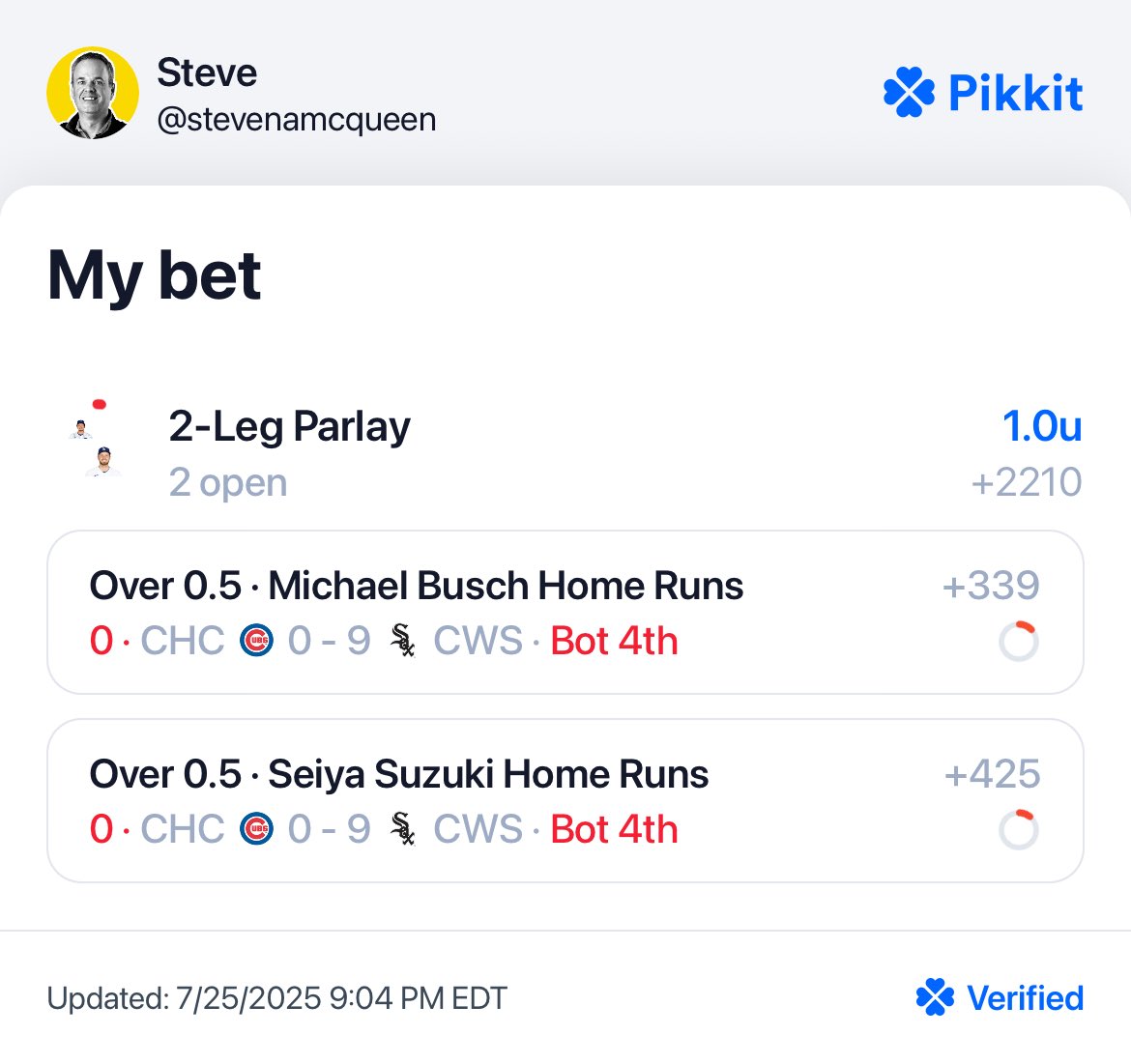stevenamcqueen's tweet image. Check out my bets on Pikkit! links.pikkit.com/bets/9fe96d42-…
Picked the wrong team to homer