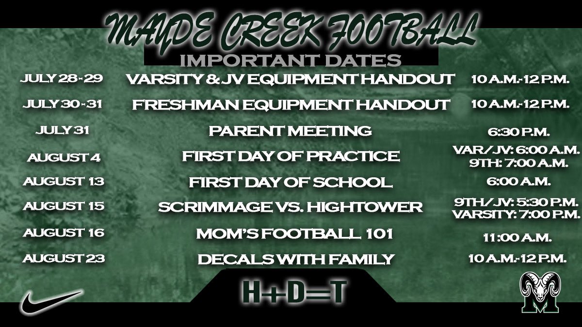 The heat is on the rise and so is the excitement for the 2025 football season!

Check out these important preaseason dates and mark your calendars! Let’s get this season off to a HOT start!

#CreekMayde
