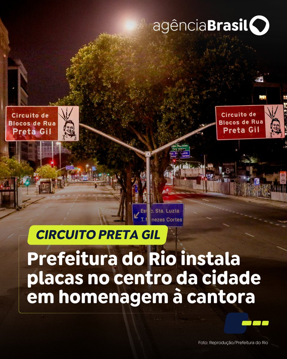 agenciabrasil's tweet image. A Prefeitura do Rio de Janeiro instalou, na última quinta-feira (24), placas de sinalização no centro da cidade em homenagem à cantora Preta Gil. O local foi denominado oficialmente agora como Circuito de Blocos de Rua Preta Gil.
Acompanhe a Agência Brasil nas redes sociais.