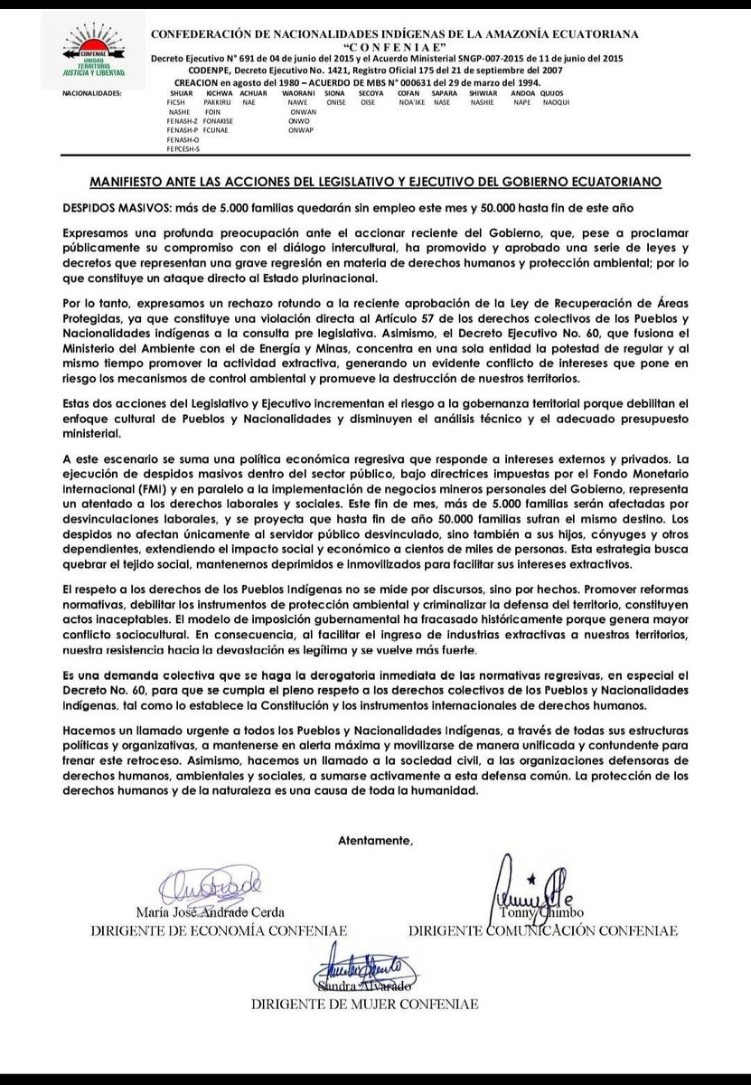 RedKapari's tweet image. #Atención
ORGANIZACIONES RECHAZAN LEYES QUE AFECTAN DERECHOS Y TERRITORIOS COLECTIVOS
Dirigentes de la #CONFENIAE Ecuador emitieron un manifiesto en rechazo a recientes decisiones del Ejecutivo y Legislativo del Gobierno ecuatoriano.
Denuncian la aprobación de la Ley de…