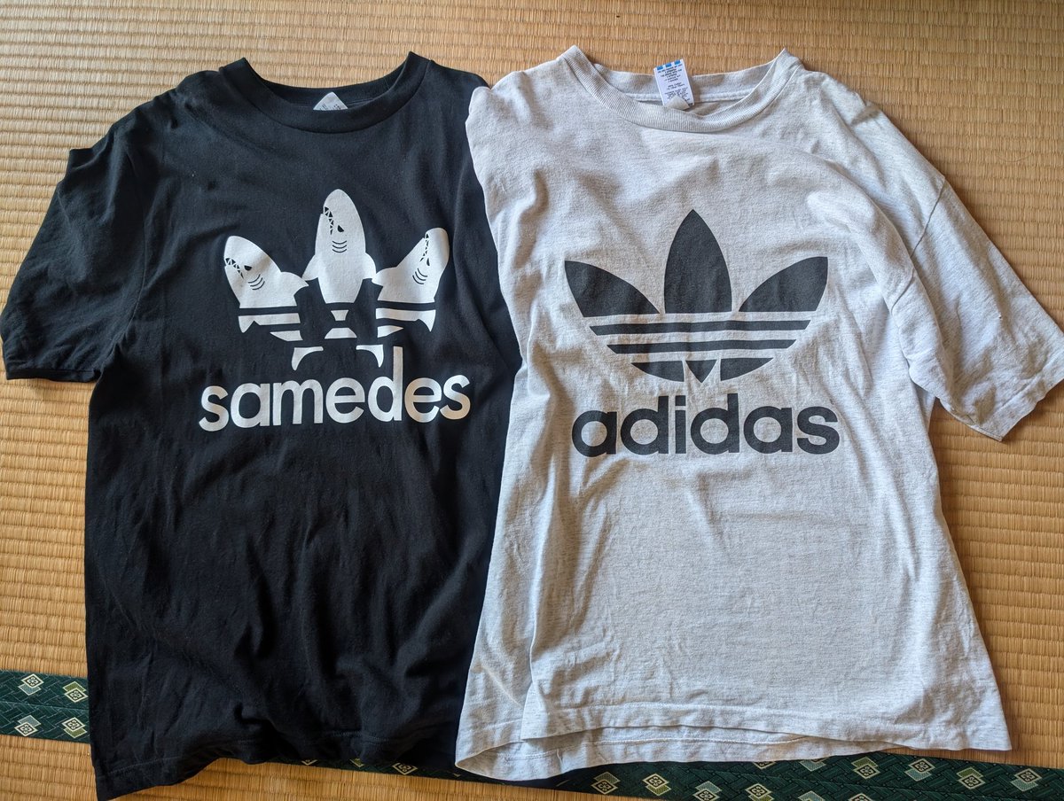 forestokiwa's tweet image. 旅先で入手したサメT🦈🦈🦈
手持ちのアディダスのTシャツと並べてみた
これは買うしかないやつ……!!!