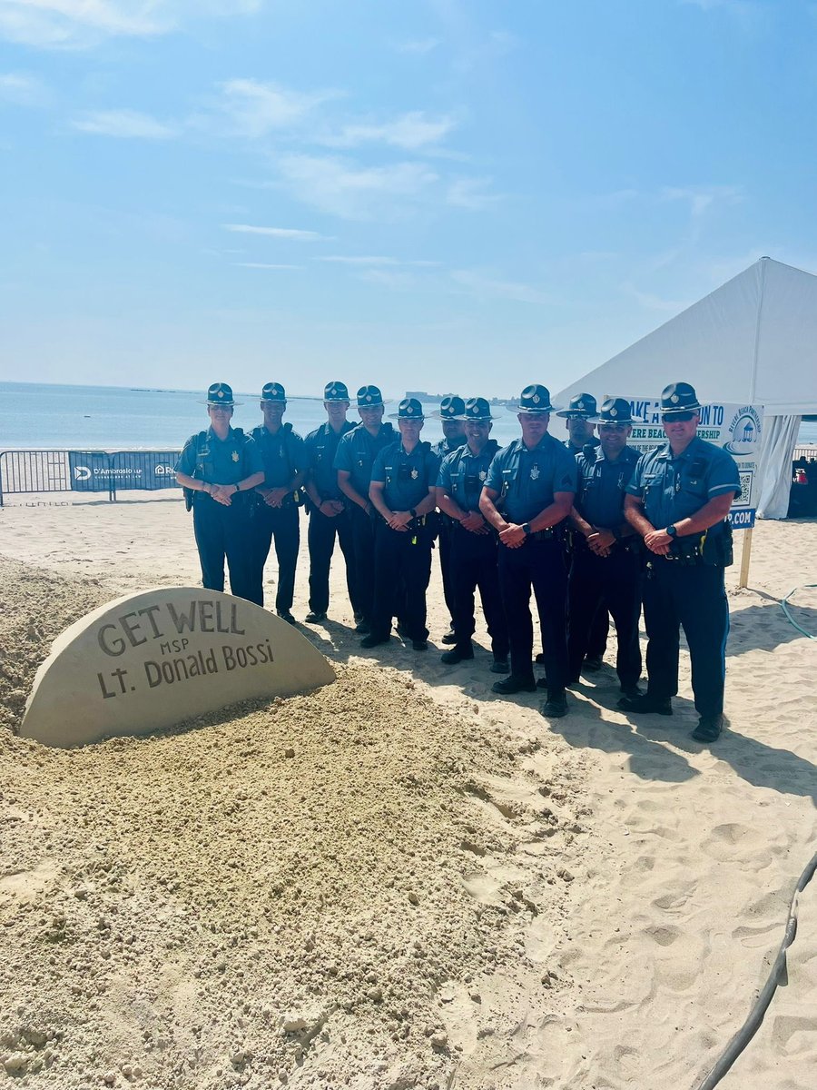 scooperon7's tweet image. Troopers Touching Tribute:While State Police Lt Donald Bossi continues to recover in the hospital after being hit by the operator of a stolen motorcycle last month,his colleagues show off one of the sand sculptures on Revere Beach offering a get well message #7News