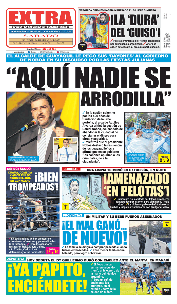 DiarioExtraEc's tweet image. 🌛 ¡Buenas noches! Ya está lista la #PortadaEXTRA de mañana, sábado 26 de julio de 2025. No olvides ir por tu ejemplar o suscríbete aquí: suscripcion.extra.ec
