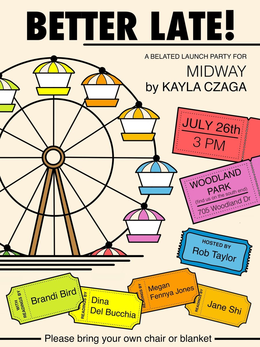 The poetry event of the summer is going down tomorrow! 3 pm in Woodland Park, Vancouver. 

Featuring: Kayla Czaga, Brandi Bird, Dina Del Bucchia, Megan Fennya Jones and Jane Shi. 

Free and open to all!

facebook.com/share/1RdKQWXr…