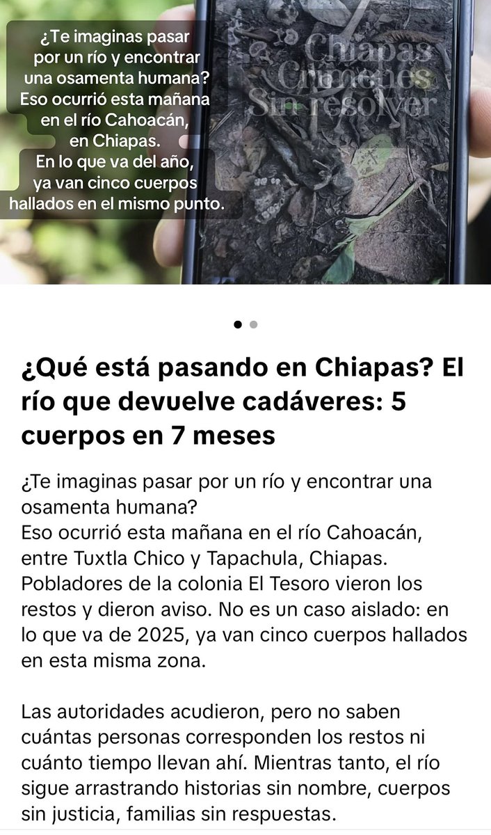 📍Otro cuerpo encontrado en el río Cahoacán, en Chiapas. Otra historia sin justicia. Ya van cinco en lo que va del año. 😣 Te contamos 👇🏽