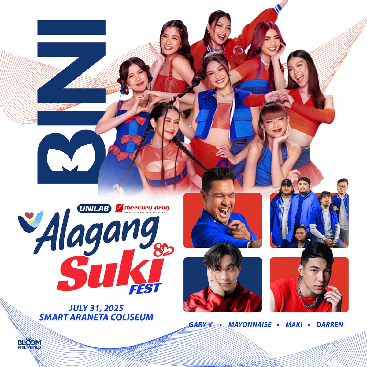 TEAMBLOOMPH's tweet image. Hi BLOOMs! 🌸
Get ready to show your Alagang Suki energy and support our girls LIVE! ✨
Catch BINI along with Gary V, Darren, Mayonnaise, and Maki at the Alagang Suki Fest on July 31, 2025 at the Smart Araneta Coliseum! 🎤
🎟️ Tickets are available at select Mercury Drug…