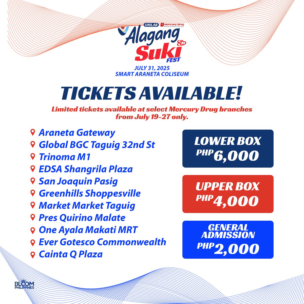 TEAMBLOOMPH's tweet image. Hi BLOOMs! 🌸
Get ready to show your Alagang Suki energy and support our girls LIVE! ✨
Catch BINI along with Gary V, Darren, Mayonnaise, and Maki at the Alagang Suki Fest on July 31, 2025 at the Smart Araneta Coliseum! 🎤
🎟️ Tickets are available at select Mercury Drug…
