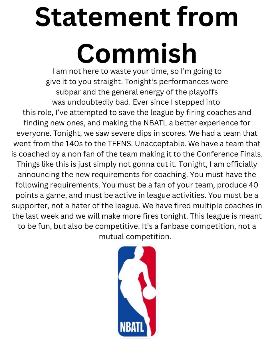 TheNBATL's tweet image. Statement from commissioner @coachkev1122