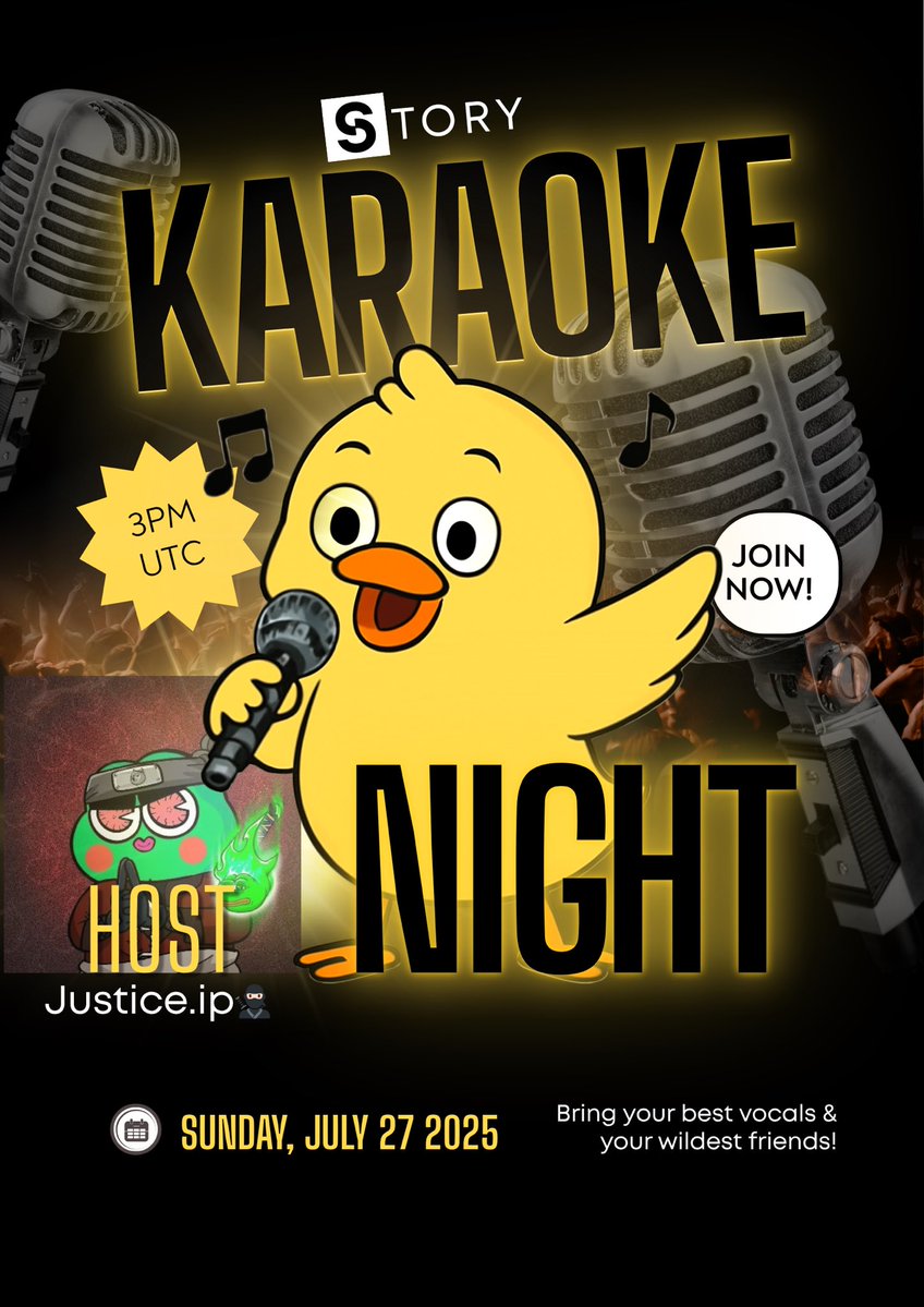 affanyjoe's tweet image. 🎶I’ll be hosting this month’s global KARAOKE NIGHT show on @StoryProtocol
Details;
- date: 27th July 2025.
- time: 3PM UTC.
- venue: story’s discord server.
Art by: @kittzz76
See you on the stage! 🎤
@mushy