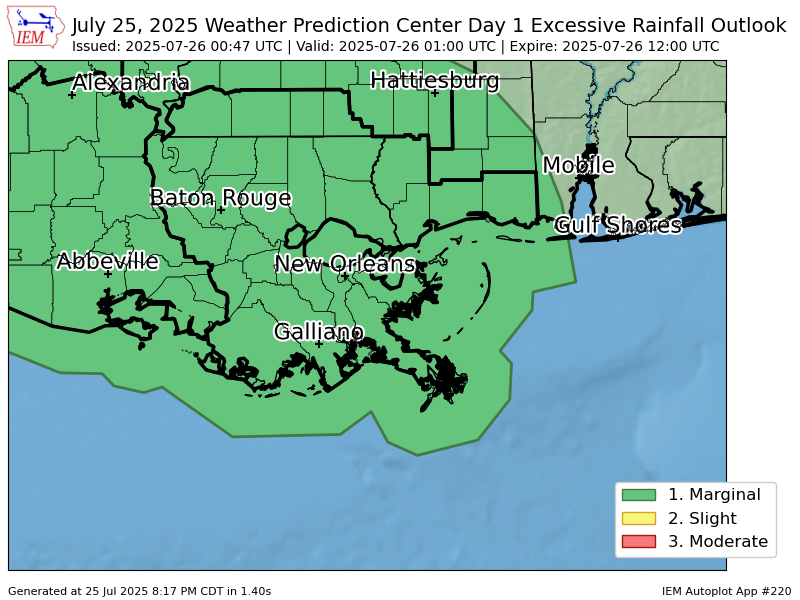iembot_lix's tweet image. WPC issues Day 1 Marginal Risk Excessive Rainfall Outlook at Jul 26, 0:47z for LIX wpc.ncep.noaa.gov/qpf/excessive_…