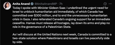 raghu_venugopal's tweet image. Canada's Minister of Foreign Affairs outlined the position of Canada to the Israeli Foreign Minister - "Canada is committed to a two-state solution where Palestinians and Israelis can live peacefully side by side" @AnitaAnandMP