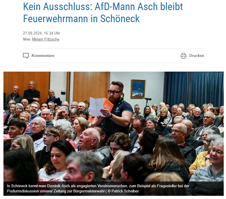 PeterBorbe's tweet image. Auch in #Schöneck im Main-Kinzig-Kreis träumt man davon, AfD-Mitglieder für vogelfrei zu erklären. Der Feuerwehrmann Dominik Asch sollte per Ausschlussverfahren aus der Feuerwehr geworfen werden - allein aufgrund seiner Parteimitgliedschaft. Der Gemeindevorstand der Gemeinde…