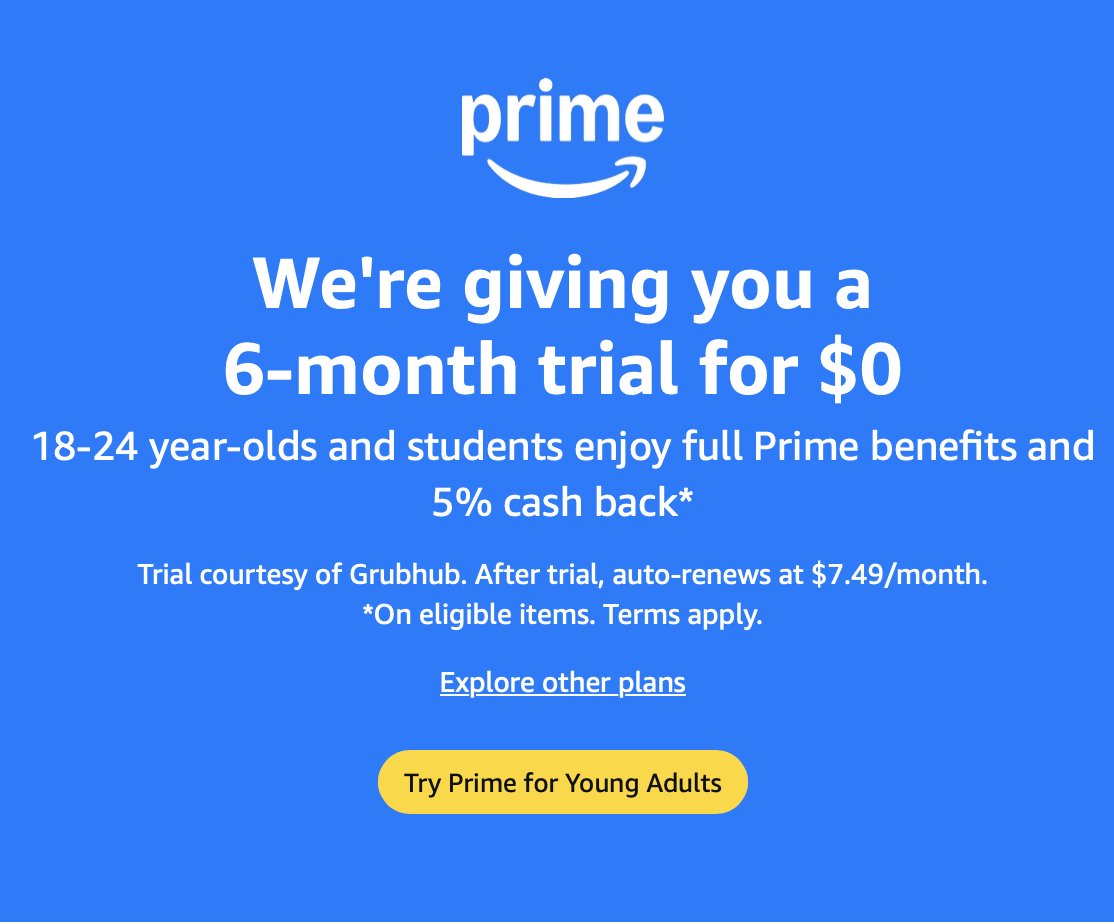 📦 Amazon Prime for Young Adults 18 - 24 &amp; Higher Education Students, 6 Month Free Trial, now via Amazon

✍️ Get 5% Cash Back

🔗 - amzn.to/46O49jt

#LRDeal | #AD