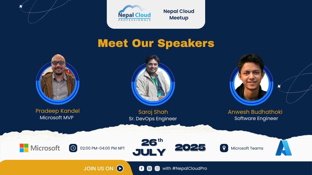 NepalCloudP's tweet image. HAPPENING TODAY! 📣 Nepal Cloud Meetup- July 2025! 🚀Are you excited?😍
🕓 Time: 2:00 PM – 4:00 PM NPT
📍 Venue: Microsoft Teams 
Let’s connect, learn, and grow together in the cloud community! 🌥️
#NepalCloudPro #MicrosoftCloud #Azure #PowerPlatform meetup.com/nepalcloudpro/…