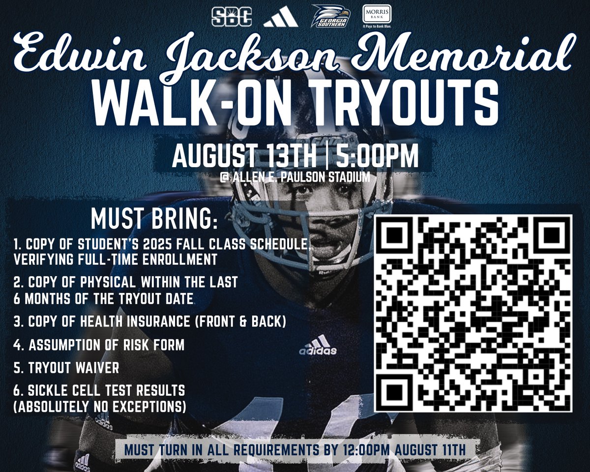 GSAthletics_FB's tweet image. Edwin Jackson Memorial Walk-on Tryouts Scheduled for Aug. 13
📰 GSEagles.com/FBWalkonFall25
#HailSouthern