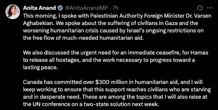 raghu_venugopal's tweet image. Canada's Minister of Foreign Affairs spoke to the Palestinian Authority Foreign Minister. She spoke of the need for "Hamas to release all hostages". @AnitaAnandMP