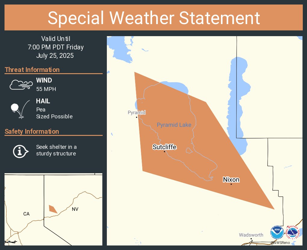 NWSReno's tweet image. A special weather statement has been issued for Nixon NV and Sutcliffe NV until 7:00 PM PDT #NVwx