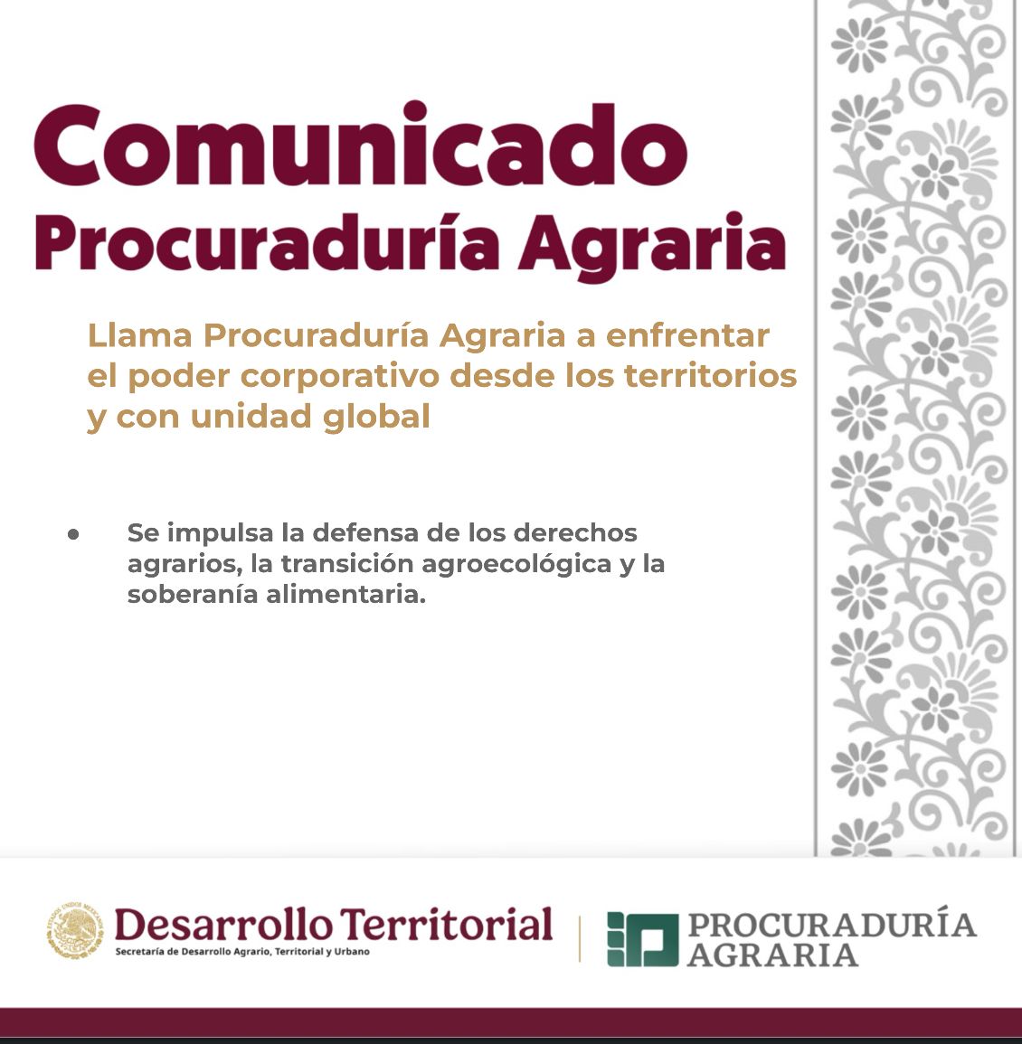 📌 #ComunicadoPA

El procurador agrario, Víctor Suárez Carrera, participó en el webinario internacional “Nombrar al Elefante en la Habitación: Abordar el Poder Corporativo y Geopolítico en la Transformación de los Sistemas Alimentarios”.

▶️ Consulta toda la información aquí:
