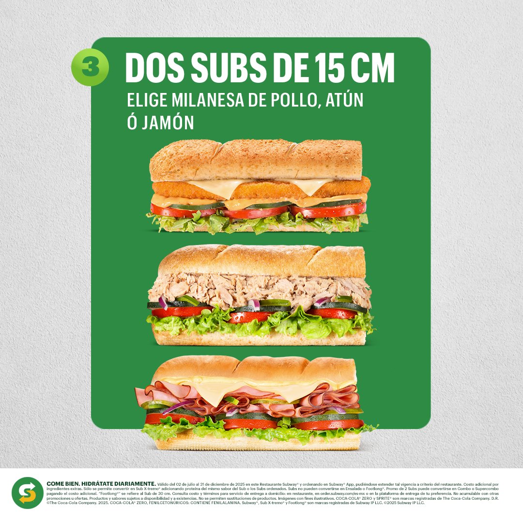 Sub Zona Azul 24 h (@sub_zona_azul) on Twitter photo Elige bien, porque son los $99 mejor invertidos 💚Ya sea algo nuevo, algo clásico o algo para compartir… ¡Tú decides!
En <a href="/CdSatelite/">Ciudad Satélite</a> pide al 55 5236 5187 u obtén un 10% de descuento vía pedirsubway.com
Las promos a $99 solamente están disponibles dentro del Elige bien, porque son los $99 mejor invertidos 💚Ya sea algo nuevo, algo clásico o algo para compartir… ¡Tú decides!
En <a href="/CdSatelite/">Ciudad Satélite</a> pide al 55 5236 5187 u obtén un 10% de descuento vía pedirsubway.com
Las promos a $99 solamente están disponibles dentro del