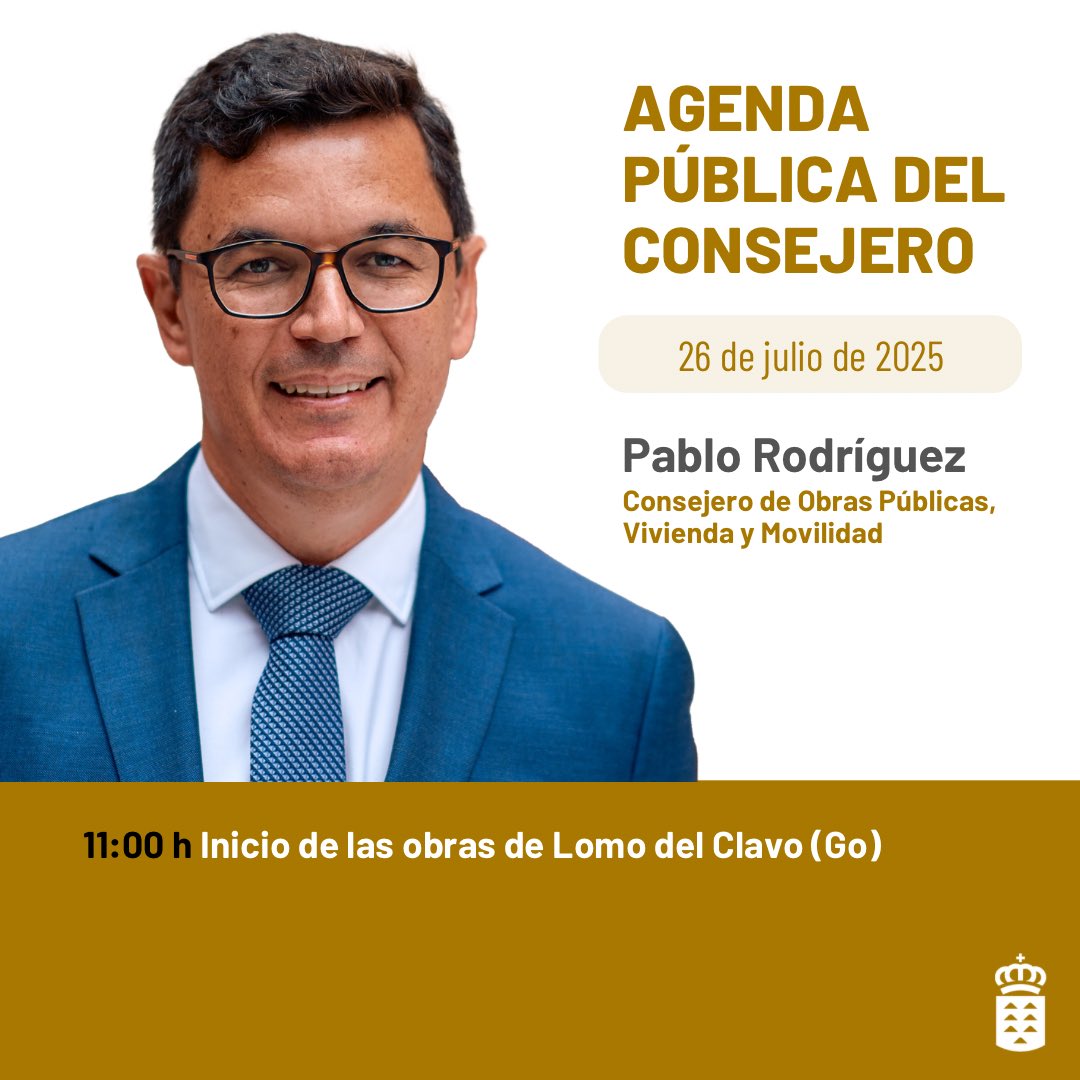 Obras Públicas GobCan (@obras_gobcan) on Twitter photo Esta es la agenda pública del consejero <a href="/PabloRodriguezV/">Pablo Rodríguez Valido</a>
🗓️ 26 de julio
🕚 11:00 h Inicio de las obras de Lomo del Clavo (Go) Esta es la agenda pública del consejero <a href="/PabloRodriguezV/">Pablo Rodríguez Valido</a>
🗓️ 26 de julio
🕚 11:00 h Inicio de las obras de Lomo del Clavo (Go)