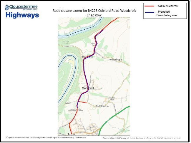 B4228 Coleford Road Woodcroft #Chepstow.Carriageway resurfacing. Works happening  28thJuly 21st Aug  (Excl W/Ends). A road closure will be in place 09:00 to 15:00 orlo.uk/YIjeW