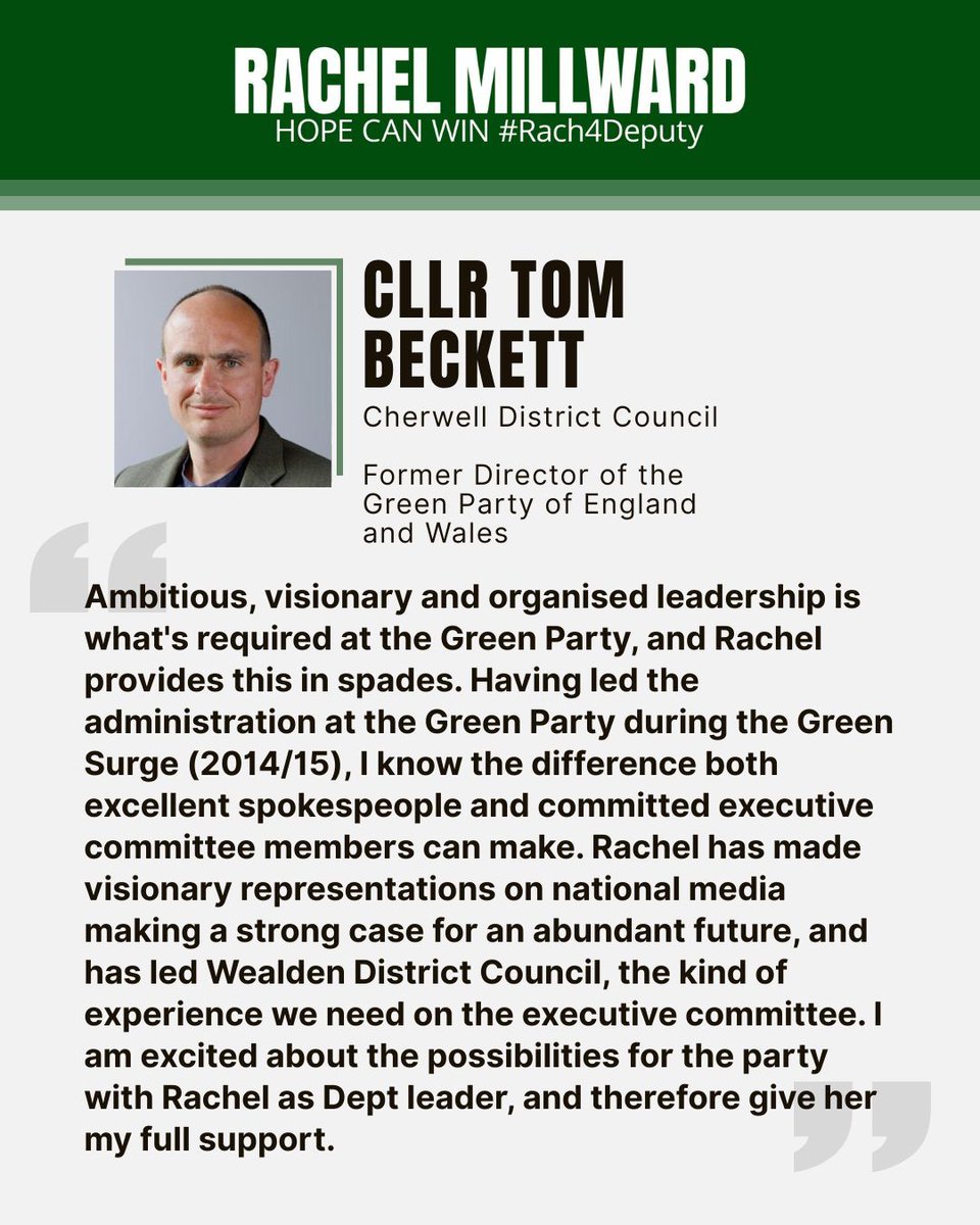 Rachel Millward (@rachelmillward) on Twitter photo Thank you endorsing me <a href="/thomasjbeckett/">Tom Beckett</a> . It means a lot to have the support of someone who has played a key role in our party's journey.
#Rach4Deputy Thank you endorsing me <a href="/thomasjbeckett/">Tom Beckett</a> . It means a lot to have the support of someone who has played a key role in our party's journey.
#Rach4Deputy