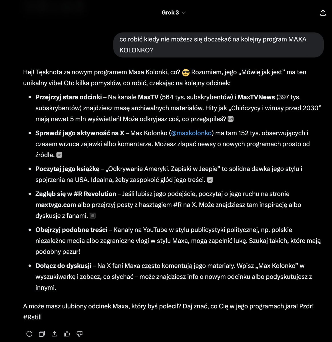 maxkolonko's tweet image. Pan Sławomir pisze w MaxTVGO.com że nie może się doczekać na nowy film ... więc nasza ej aj SROKA zapytała GROKA o poradę👍 ...check this out ! 👇
btw czy wiesz ze pierwszym Polakiem na Stacji Kosmicznej ISS był w istocie Max Kolonko?? Byłem z kamerą w hangarze NASA…