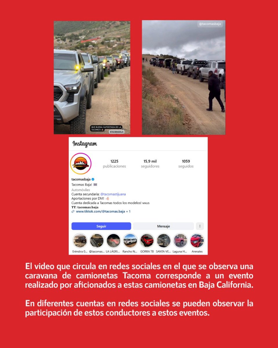 infodemiaMex's tweet image. ❌Falso video que muestra una caravana de camionetas supuestamente vinculadas al crimen organizado
✅El video que circula en redes sociales en el que se observa una caravana de camionetas Tacoma corresponde a un evento realizado por aficionados a estas camionetas en Baja…