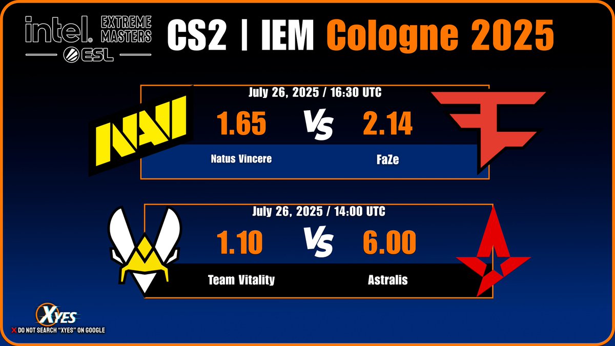 Xyes_com's tweet image. 🎯 CS2 | IEM Cologne 2025: Double Clash Incoming!
🔥 NAVI vs FaZe Clan — A rivalry reignited
⚡ Team Vitality vs Astralis — Powerhouses collide! Who takes the win in these epic matchups?
💻 Bet live ➡️ xyes.com/referrals/4p6x0
#IEMCologne2025 #NAVIvsFaZe…