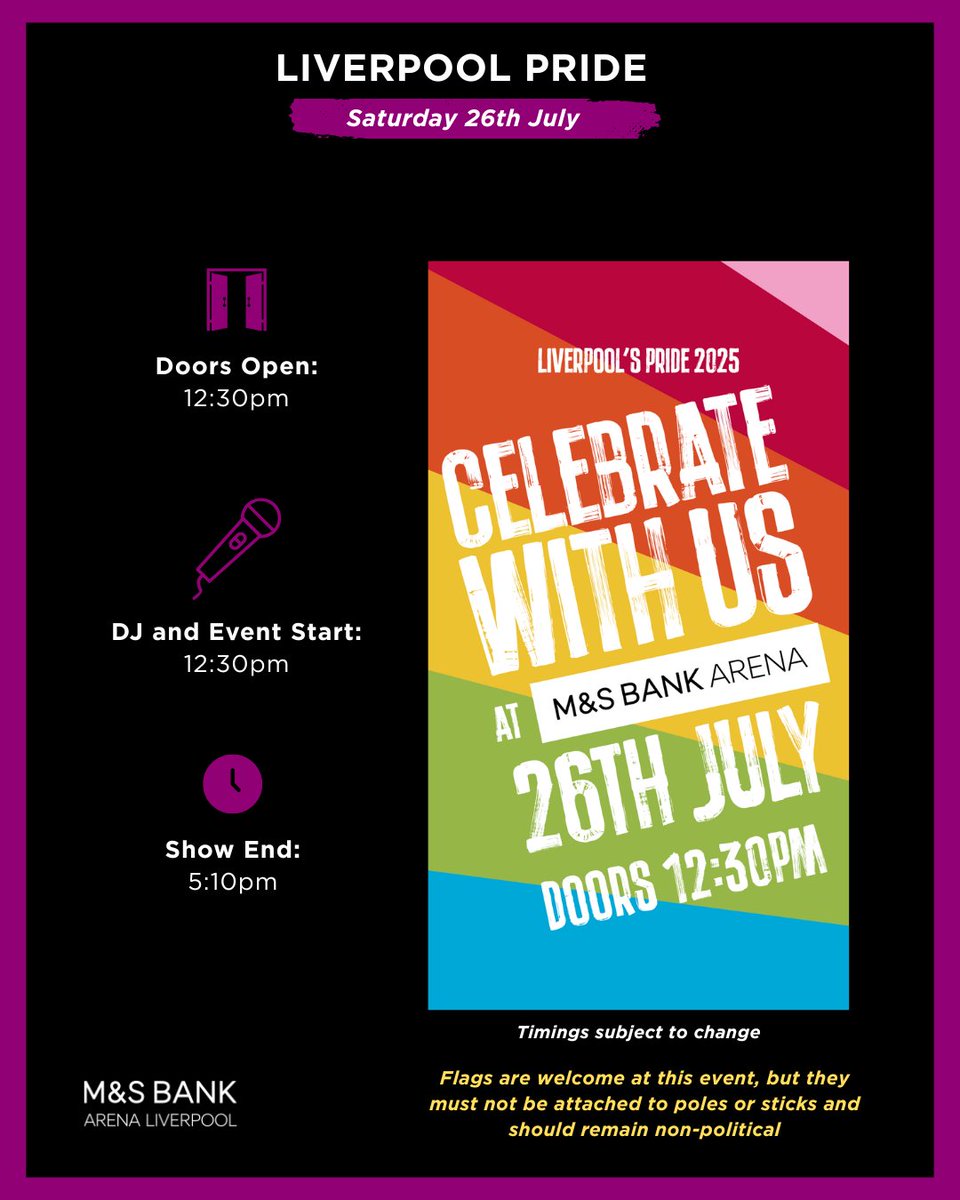 MandSBankArena's tweet image. 👋Are you joining us for a celebration of Liverpool's Pride?
Here are the key timings you need to know!
We hope you enjoy the day 🙌