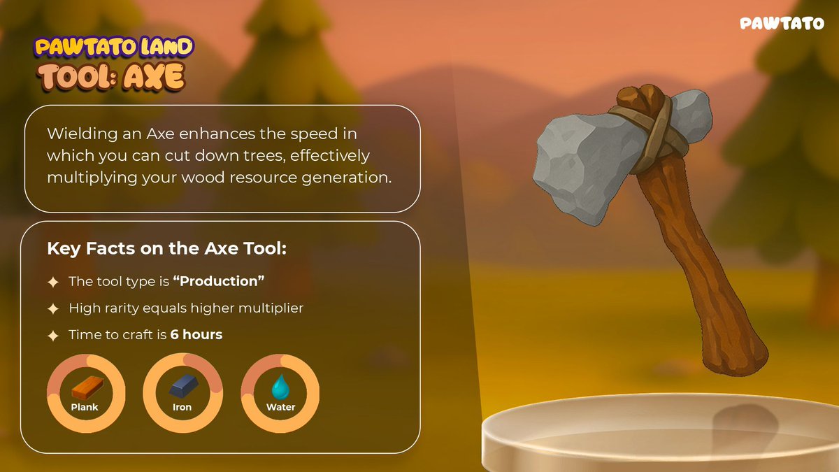 #Spotlight: First up in the spotlight is a tool to increase wood production - the axe. 🪓 

While you might want to get your hands on this one fast, it seems like the required resources need to be processed first. 🌱 

Likely another tool is needed to do that, can you guess which