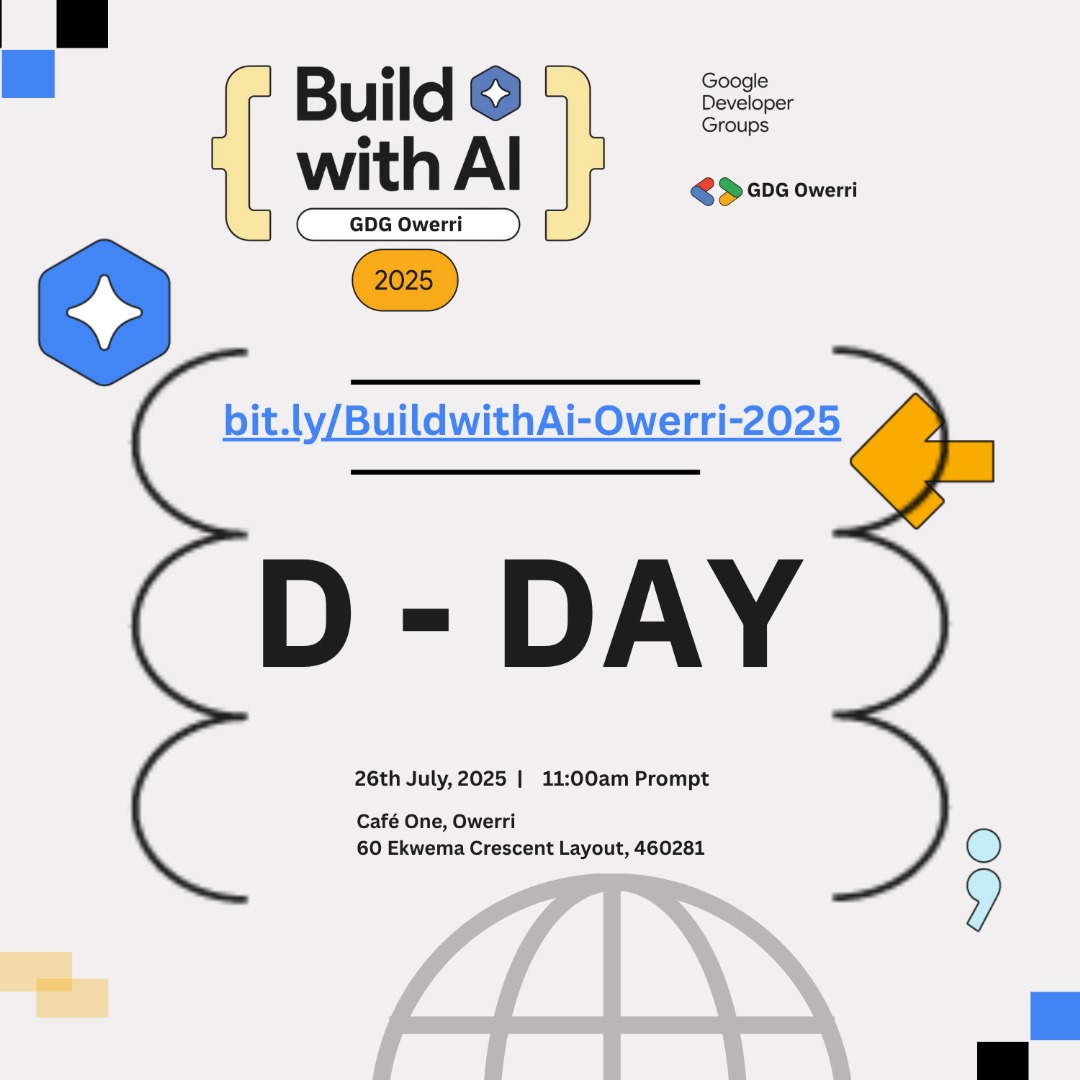 It's D-DAY! 🔥

Build with AI Owerri is happening today! 💻⚡
Hands-on sessions, live demos, real-world solutions

📍 Café One, Owerri
🕚 11AM
📌 Map: maps.app.goo.gl/5RiNXL64zAN68J…
🔗 bit.ly/BuildwithAi-Ow…

We’re not just learning AI. We’re building with it.

#BuildWithAi #GDGOwerri