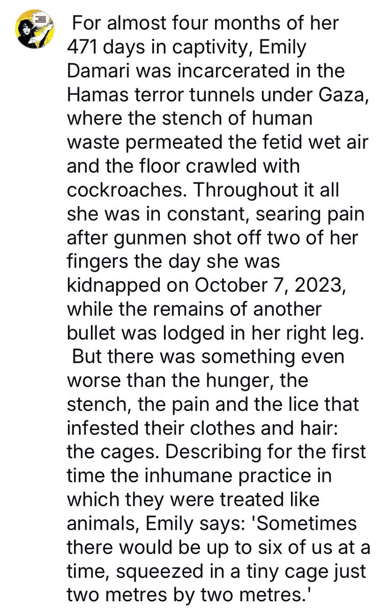 glykosymoritis's tweet image. My hell in the Gaza tunnels: UK hostage Emily Damari tells of being held in a cage like an animal dailymail.co.uk/news/article-1… #Islamism #terrorism #antisemitism