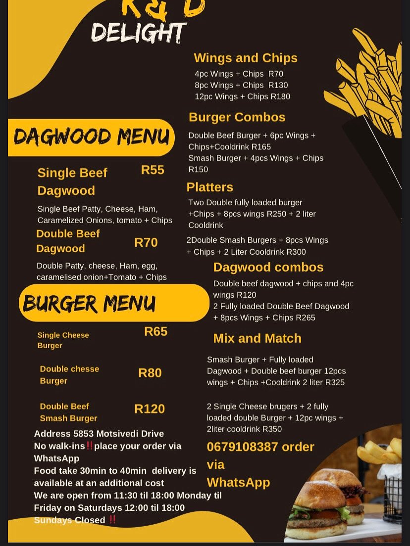 khensie_V's tweet image. Dumelang, Please take note of our updated menu we are open Monday til Saturday 11:30 til 18:00 No walkins, kindly order via WhatsApp 067108387, we’ve partnered with LT eats we now deliver In Randfontein Kindly please retweet 🤍