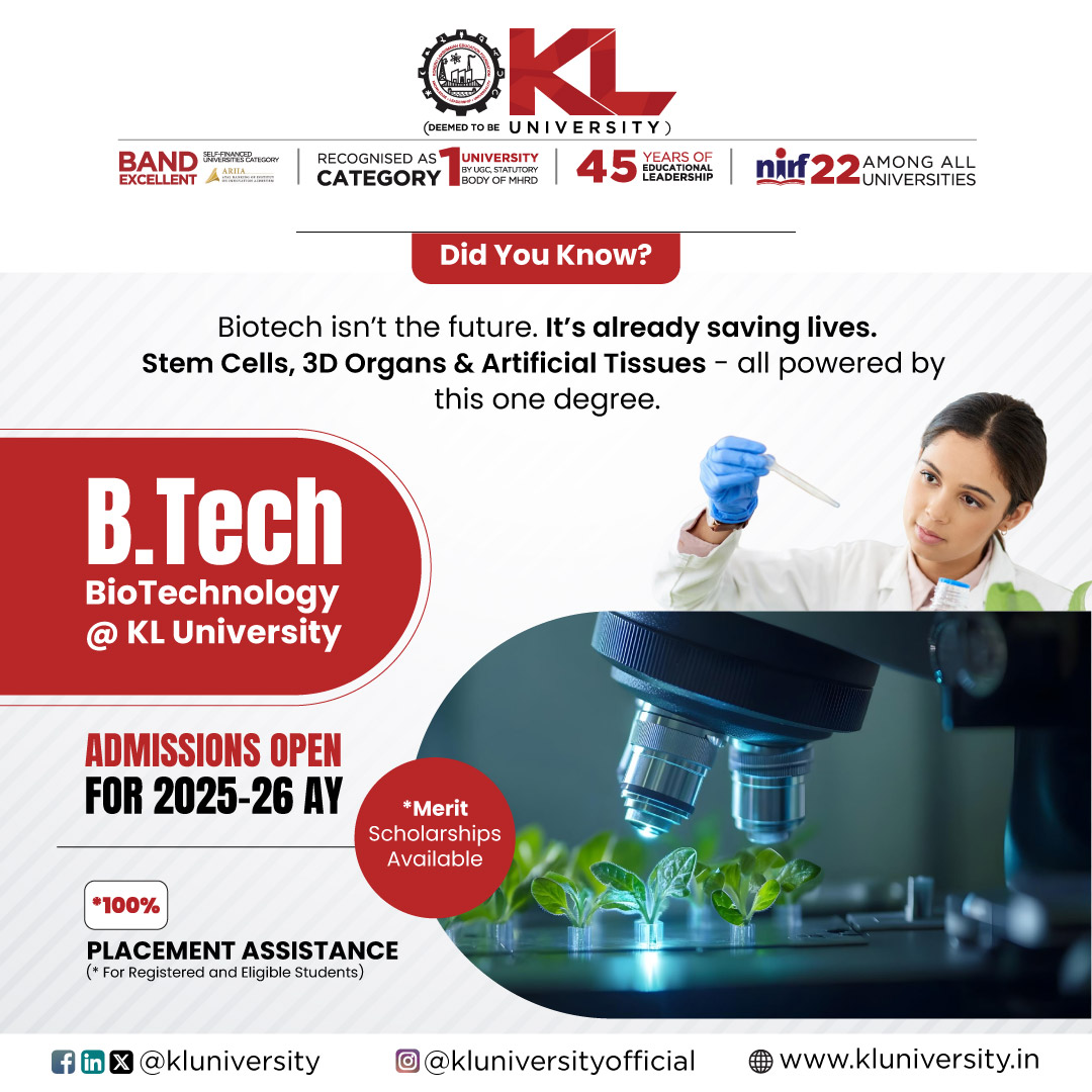 kluniversity's tweet image. Engineer the future of health with B.Tech Biotechnology at KL University!
From stem cell therapy to bioprinting, turn your passion into breakthroughs in medicine and pharma innovation.

kluniversity.in/admissions-202…

#KLU #btechbiotechnology #btechadmissions