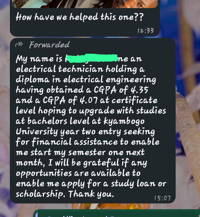 UUSOXofficial's tweet image. 📢 CALL FOR SUPPORT 📢
Meet a dedicated electrical technician with a CGPA of 4.35, ready to upgrade to a bachelor's at Kyambogo University—but financial constraints are holding him back.
Who in our network can help this bright mind access a study loan or scholarship? 🇺🇬
#UUSOX