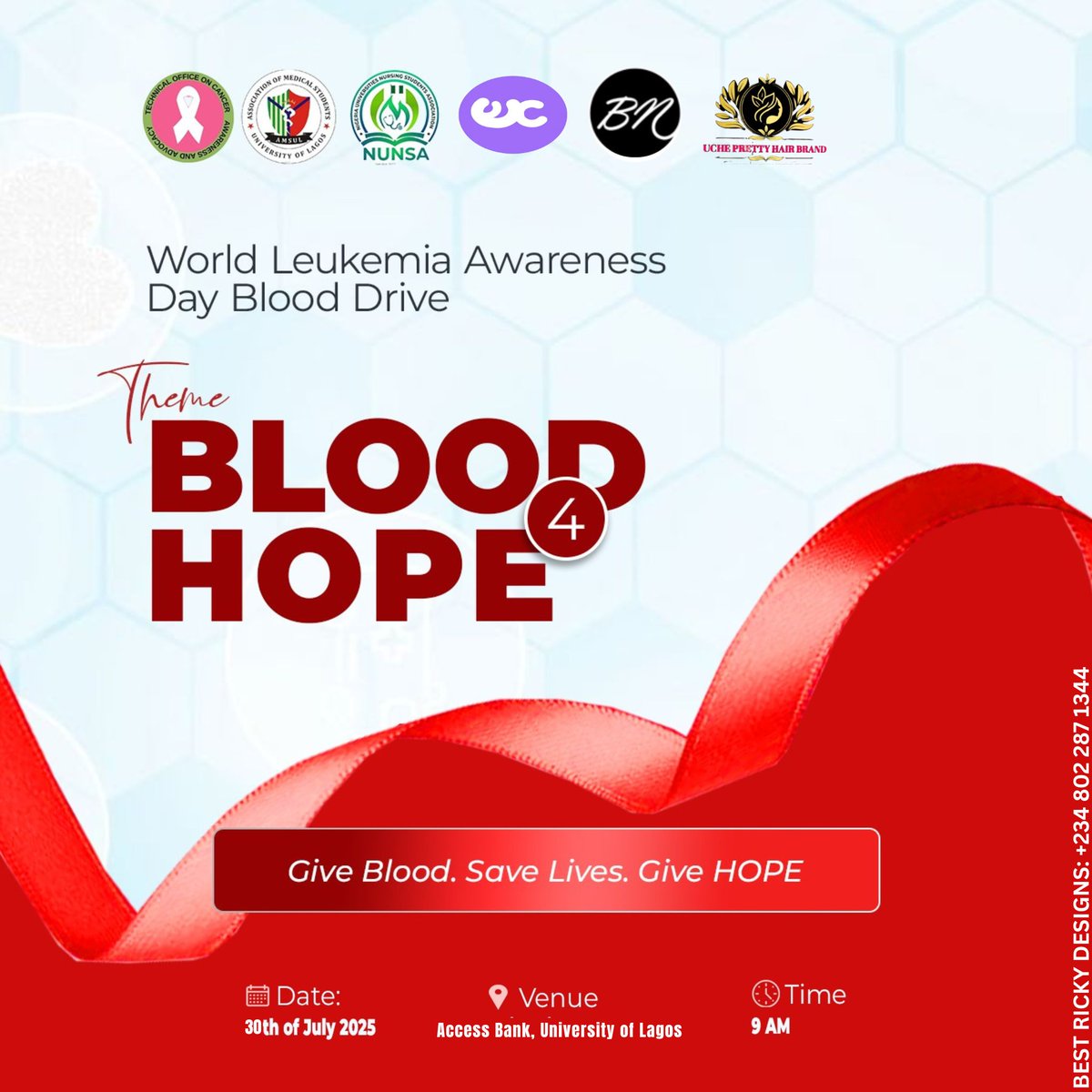 tocaa_amsul's tweet image. Leukemia &amp;amp; Blood Donation: What You Should Know🩸

Call-to-Action:
Join #TOCAAAMSUL this Wednesday, 30th July 2025, for our World #LeukemiaAwareness Day Blood Drive at Access Bank, #UNILAG from 9AM to 4PM.
Let’s give hope, one pint at a time. ❤️ 

#WLAD2025 #DonateBloodSaveLives