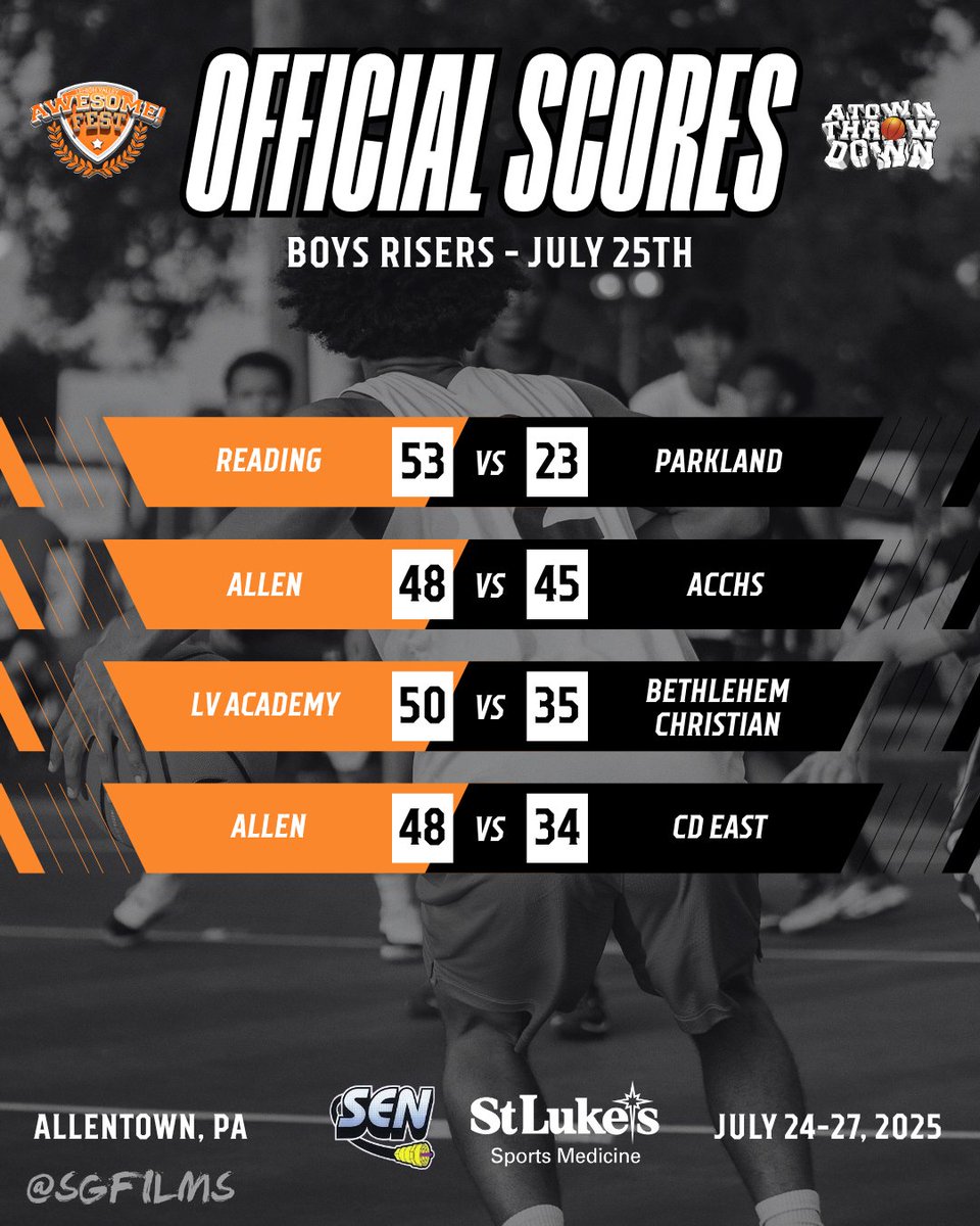 A_TownThrowDown's tweet image. Official Scores: Friday, July 25th | Boys Risers
Cedar Beach Park - Allentown, PA
NOW - July 27th
#atownthrowdown #allentownpa #lehighvalleyawesomefest #basketball #lehighvalleyevents