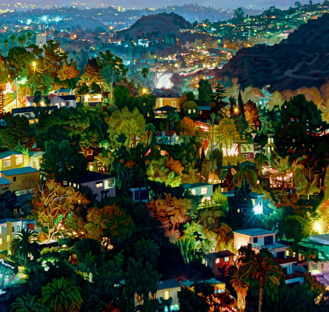 A striking panoramic view of residential neighbourhoods nestling in the Los Angeles hills, in Seth Armstrong’s glowingly detailed ‘The Old Southwest’ (2022, oil on wood panel) artsy.net/artwork/seth-a…